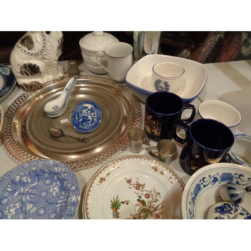 845 - VARIOUS ITEMS TO INCLUDE COLLECTABLE PLATES, FLATBACK SPANIEL, SODA SYPHON, METALWARE ETC