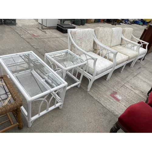 2450 - A WHITE THREE PIECE CONSERVATORY SUITE COMPLETE WITH TWO TABLES