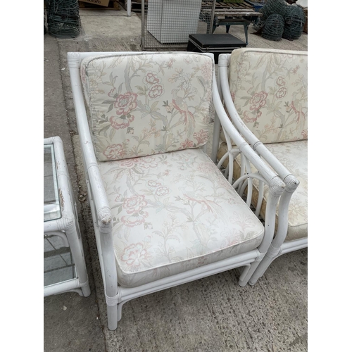 2450 - A WHITE THREE PIECE CONSERVATORY SUITE COMPLETE WITH TWO TABLES