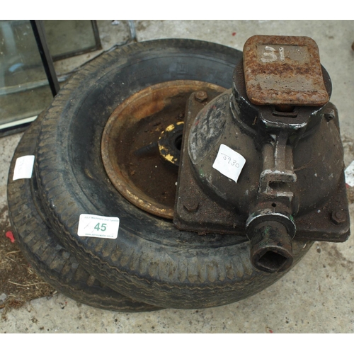 45 - 2 TRAILER WHEELS, BOTTLE JACK ETC.  NO VAT