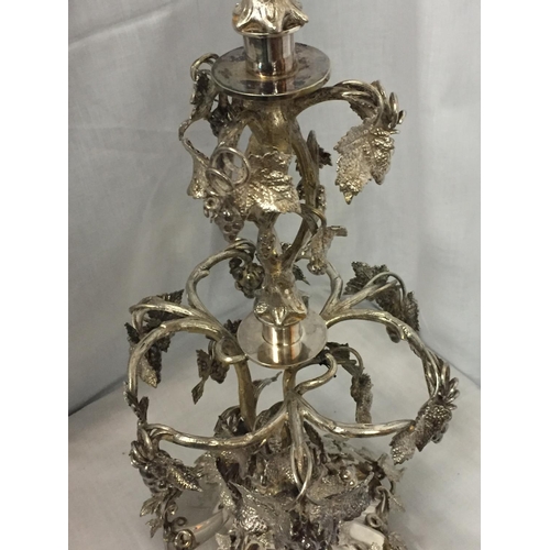 3 - AN ORNATE SILVER PLATED EPERGENE WITH GLASS FLUTE
HEIGHT 65CM