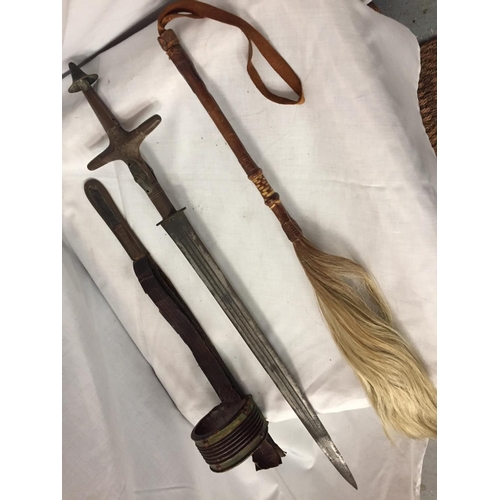 37 - A SWORD IN A LEATHER SHEATH 
AND A VINTAGE LEATHER HORSE HAIR RIDING CROP