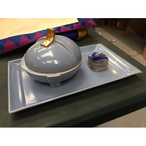 56 - TWO ITEMS OF CARLTON WARE FOR THE DRESSING TABLE PLUS A SILVER PLATED TRINKET BOX WITH BLUE INLAY EN... 