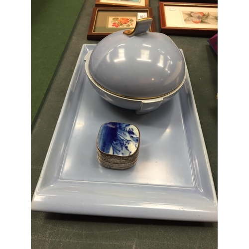 56 - TWO ITEMS OF CARLTON WARE FOR THE DRESSING TABLE PLUS A SILVER PLATED TRINKET BOX WITH BLUE INLAY EN... 