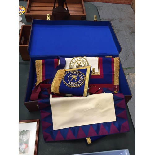 57 - A LEATHER MASONIC CASE WITH ASSOCIATED REGALIA