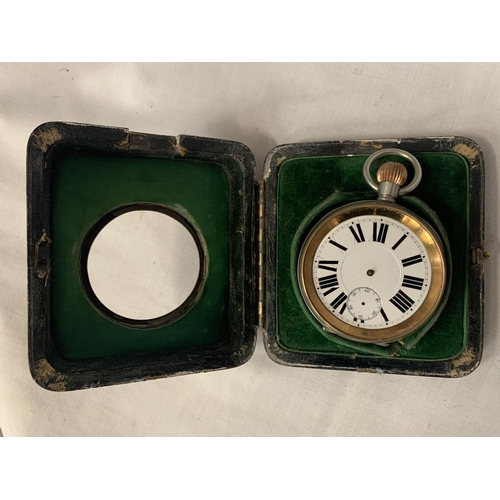 33 - A GOLIATH POCKET WATCH, NO HANDS BUT MOVEMENT WORKING AT TIME OF CATALOGING IN A FITTED WALKER AND H... 