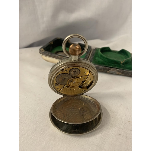 33 - A GOLIATH POCKET WATCH, NO HANDS BUT MOVEMENT WORKING AT TIME OF CATALOGING IN A FITTED WALKER AND H... 