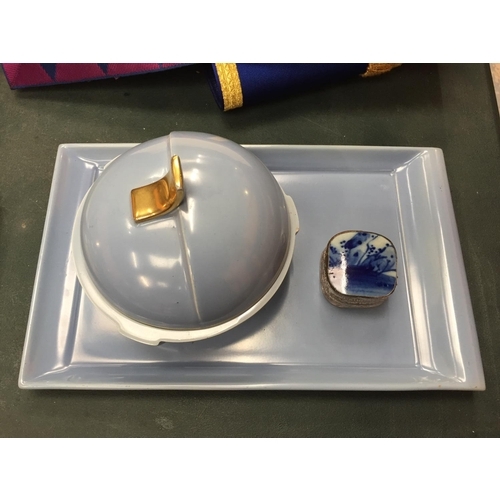 56 - TWO ITEMS OF CARLTON WARE FOR THE DRESSING TABLE PLUS A SILVER PLATED TRINKET BOX WITH BLUE INLAY EN... 