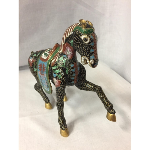 9 - A CHINESE BRONZE CLOISONNE ENAMEL AND GILT HORSE