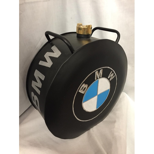 43 - A BLACK BMW PETROL CAN WITH A BRASS TOP