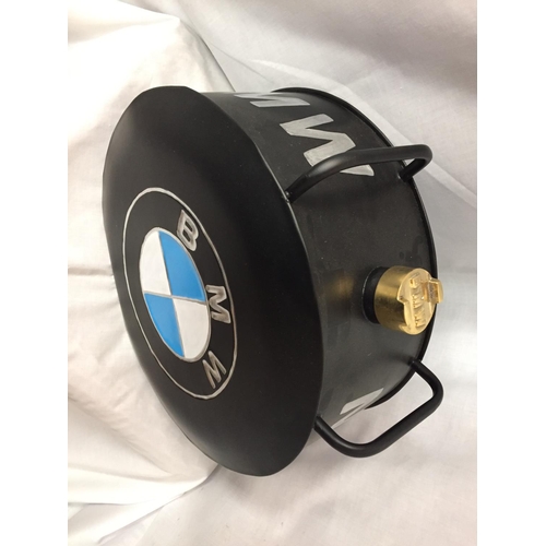 43 - A BLACK BMW PETROL CAN WITH A BRASS TOP