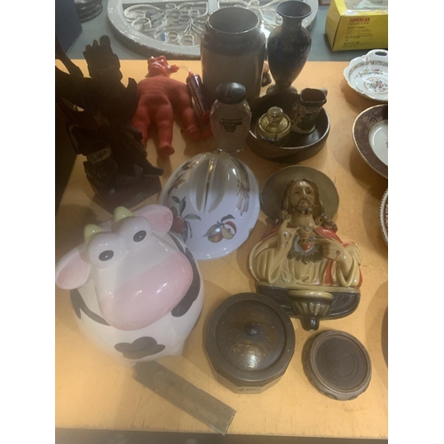 267 - VARIOUS ITEMS TO INCLUDE A BOSSONS STYLE JESUS BUST, VASES, TREEN LIDDED POT ETC