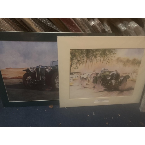 291 - TWO PRINTS IN MOUNTS ONE OF A VINTAGE MG AND ONE OF DUAL AT LE MANS