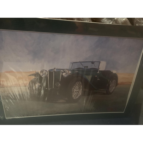 291 - TWO PRINTS IN MOUNTS ONE OF A VINTAGE MG AND ONE OF DUAL AT LE MANS