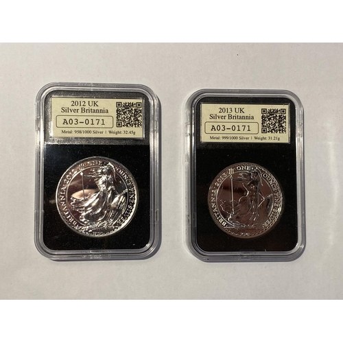 319 - A UK “SILVER BRITANNIA”, PAIR DATED, 2012 AND 2013, SUPERBLY BOXED WITH CERTIFICATE OF AUTHENTICITY