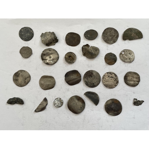 391 - A QUANTITY OF COINS AND PART COINS, POSSIBLY INCLUDING EARLY HAMMERED EXAMPLES