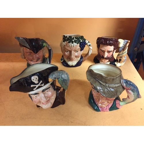 437 - FIVE ROYAL DOULTON TOBY JUGS TO INCLUDE 'ROBIN HOOD' AND 'LONG JOHN SILVER'
