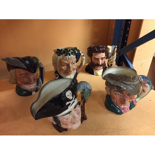 437 - FIVE ROYAL DOULTON TOBY JUGS TO INCLUDE 'ROBIN HOOD' AND 'LONG JOHN SILVER'