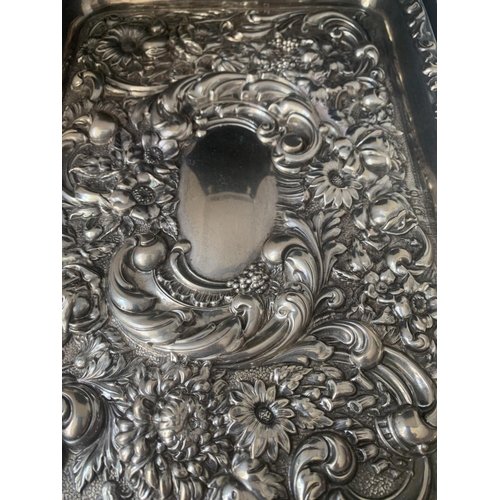 456 - A HALLMARKED LONDON 1909 SILVER ORNATE TRAY 11.5 INCHES BY 8 INCHES WEIGHT 380 GRAMS