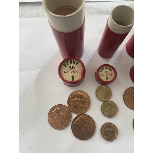 506 - FOUR TUBES OF 1967 PRE DECIMAL COINS - PENNIES,  HALF CROWNS AND BRASS THREEPENNIES