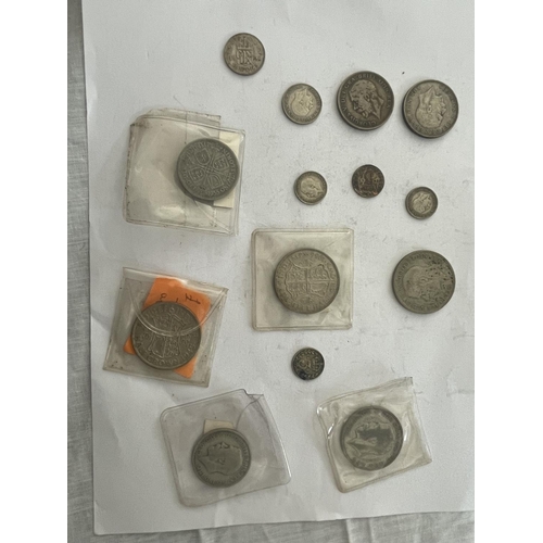 511 - FOURTEEN PRE 1947 COINS - FOUR HALF CROWNS, FOUR FLORINS, TWO SIXPENCE AND FOUR THREE PENNIES