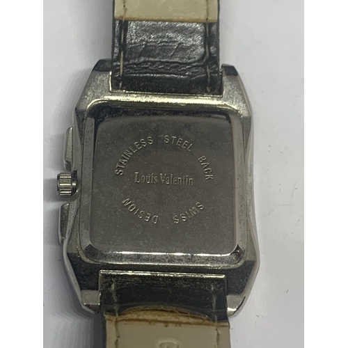 539 - A LOUIS VALENTIN WRIST WATCH WITH BLACK LEATHER STRAP SEEN WORKING BUT NO WARRANTY