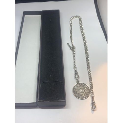 541 - A SILVER HALF ALBERT WATCH CHAIN AND FOB WITH A PRESENTATION BOX
