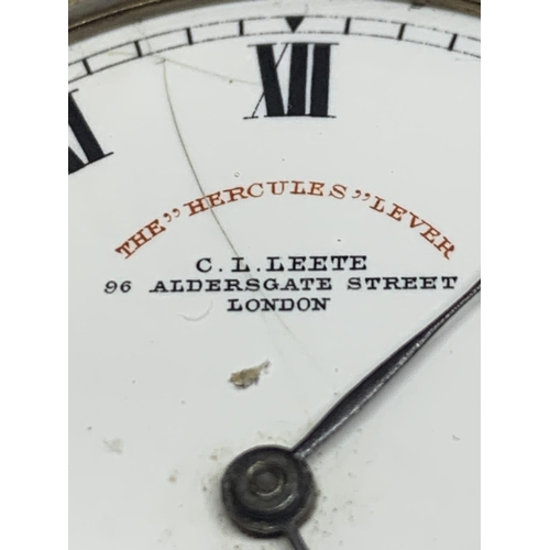 554 - A GOLD PLATED THE HERCULES LEVER C L LEETE LONDON POCKET WATCH ( A/F NO GLASS AND HAND MISSING)