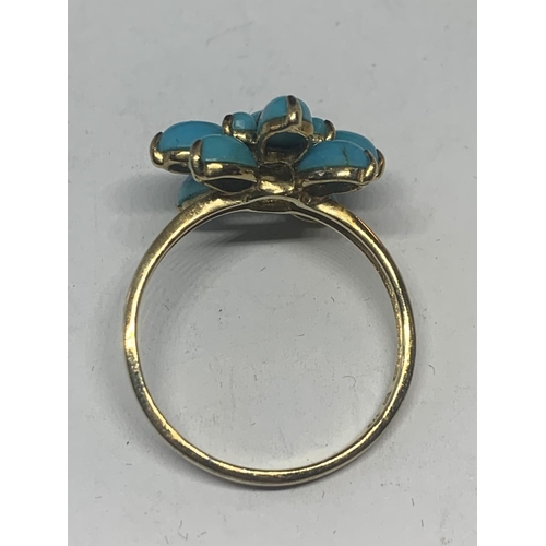 588 - A 9 CARAT GOLD RING WITH BLUE NAVAJO STYLE STONES IN A FLOWER DESIGN WITH A PRESENTATION BOX