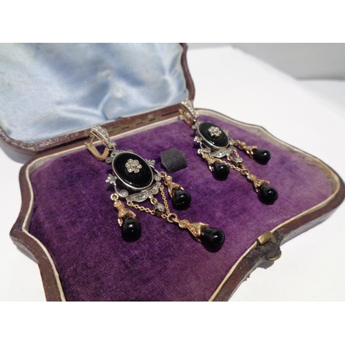 617 - A PAIR OF ORNATE 9 CARAT GOLD, DIAMOND AND BLACK ONYX  CHANDELIER DROP EARRINGS WITH PRESENTATION BO... 