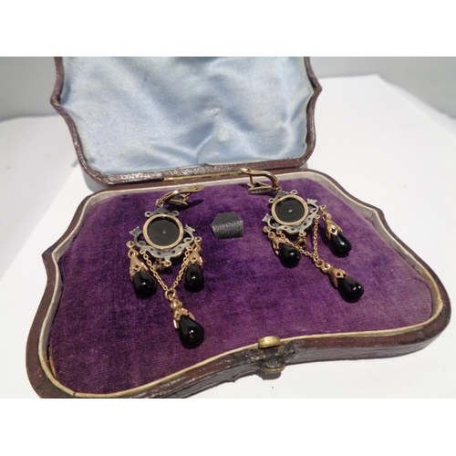 617 - A PAIR OF ORNATE 9 CARAT GOLD, DIAMOND AND BLACK ONYX  CHANDELIER DROP EARRINGS WITH PRESENTATION BO... 