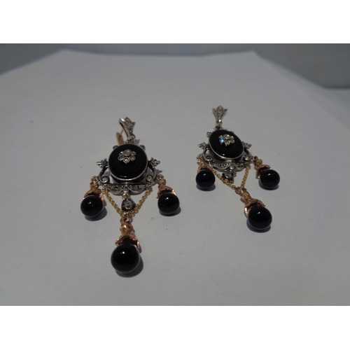 617 - A PAIR OF ORNATE 9 CARAT GOLD, DIAMOND AND BLACK ONYX  CHANDELIER DROP EARRINGS WITH PRESENTATION BO... 