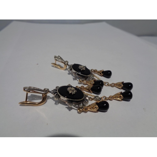 617 - A PAIR OF ORNATE 9 CARAT GOLD, DIAMOND AND BLACK ONYX  CHANDELIER DROP EARRINGS WITH PRESENTATION BO... 