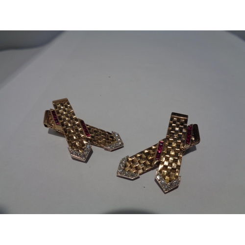 633 - A PAIR OF 9 CARAT GOLD ART DECO COLLAR CLIPS WITH DIAMONDS AND RUBIES