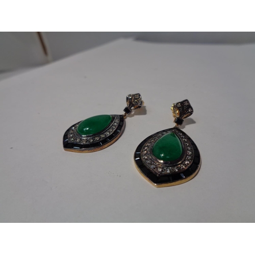 641 - A PAIR OF JADE ON BLACK ONYX EARRINGS WITH DIAMOND SURROUND AND YELLOW AND WHITE METAL