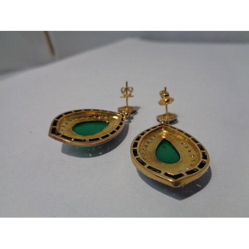 641 - A PAIR OF JADE ON BLACK ONYX EARRINGS WITH DIAMOND SURROUND AND YELLOW AND WHITE METAL