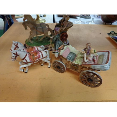 753 - A JULIANNA COUPLE IN A CARRIAGE WITH HORSES N A WOODEN BASE AND A SECOND HORSE DRAWN CARRIAGE WITH C... 