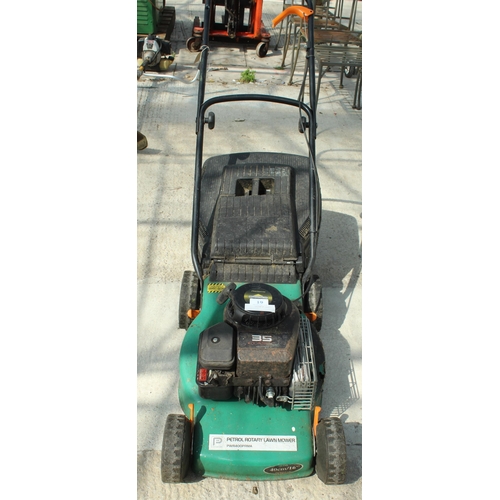 19 - GREEN PETROL ROTARY LAWN MOWER & BOX NO VAT