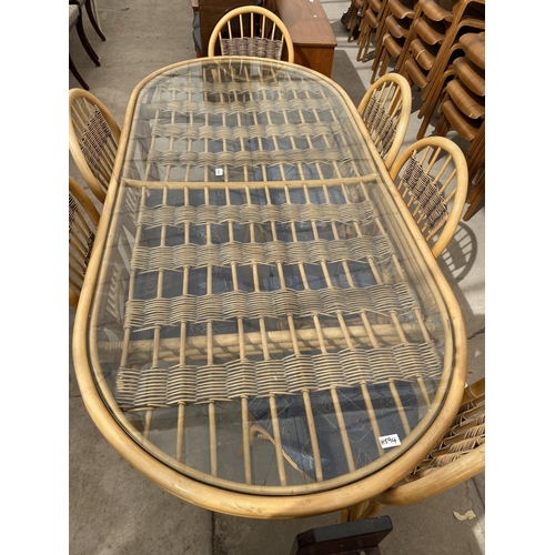 2156 - A MODERN BAMBOO AND WICKER DINING TABLE WITH GLASS TOP, 78