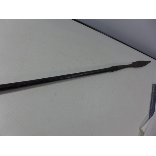 308 - AN AFRICAN SPEAR, 32CM METAL LEAF SHAPED POINT, CARVED WOODEN SHAFT, LENGTH 185CM