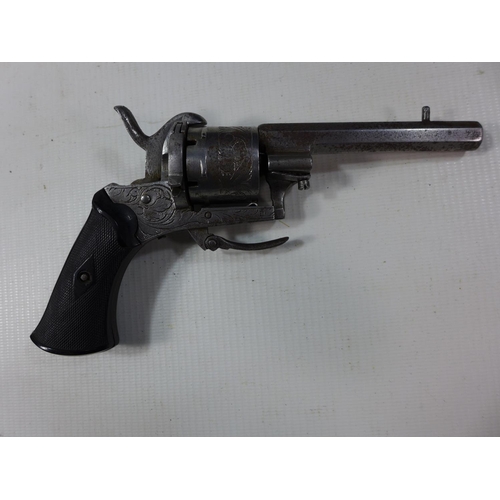 340 - A 7.65 CALIBRE SIX SHOT PINFIRE REVOLVER, 9CN BARREL, FOLDING TRIGGER