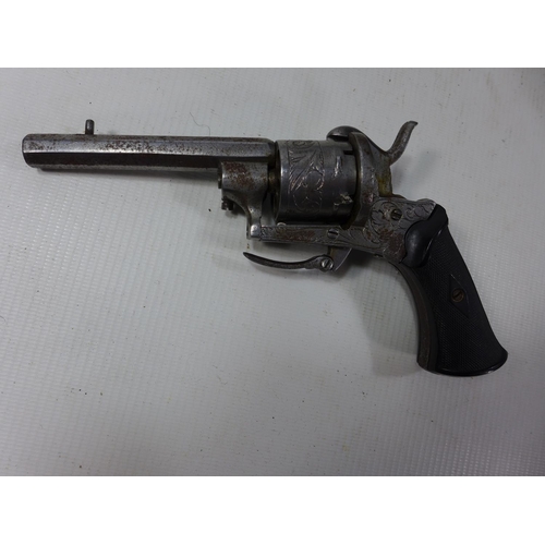 340 - A 7.65 CALIBRE SIX SHOT PINFIRE REVOLVER, 9CN BARREL, FOLDING TRIGGER