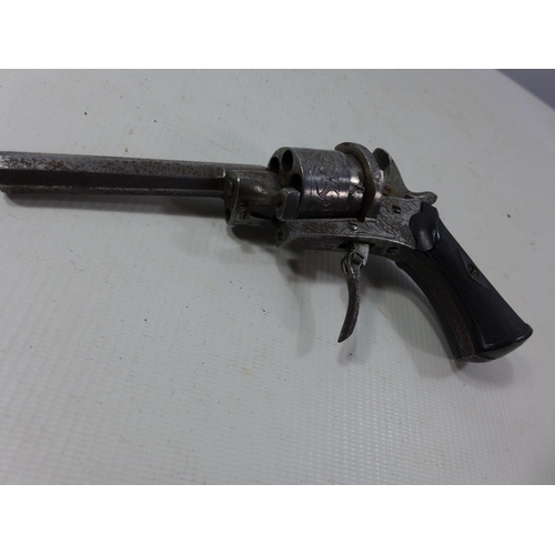 340 - A 7.65 CALIBRE SIX SHOT PINFIRE REVOLVER, 9CN BARREL, FOLDING TRIGGER