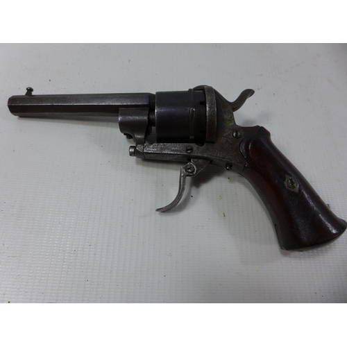 341 - A 7.65 CALIBRE SIX SHOT PINFIRE REVOLVER WITH LIEGE PROOF MARKS, HAMMER SPRING FAULTY