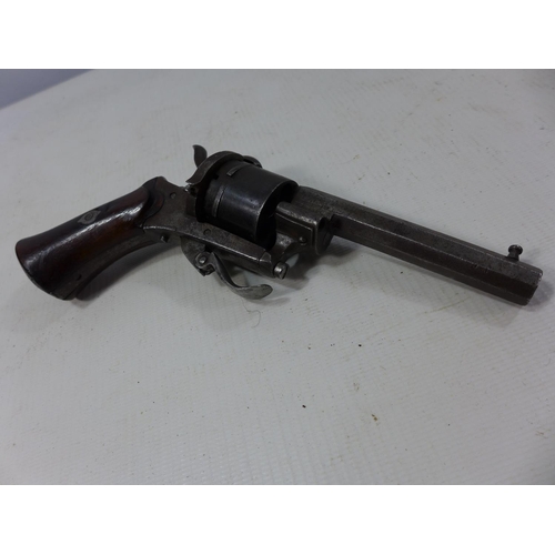 341 - A 7.65 CALIBRE SIX SHOT PINFIRE REVOLVER WITH LIEGE PROOF MARKS, HAMMER SPRING FAULTY