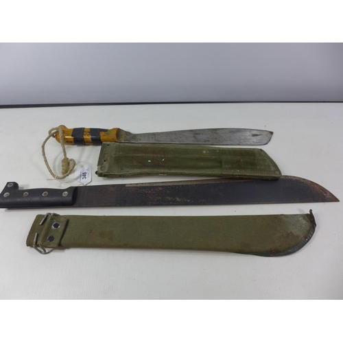 346 - TWO MACHETES, 33CM AND 46CM BLADES COMPLETE WITH MATERIAL SCABBARDS (2)