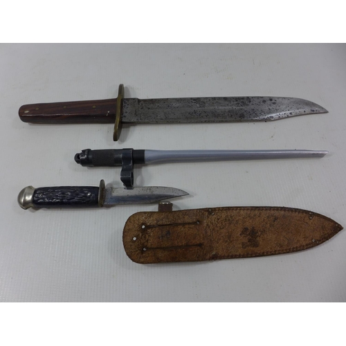 347 - A BOWIE KNIFE, 25CM BLADE AK47 BAYONET AND A SMALL KNIFE AND SCABBARD (3)