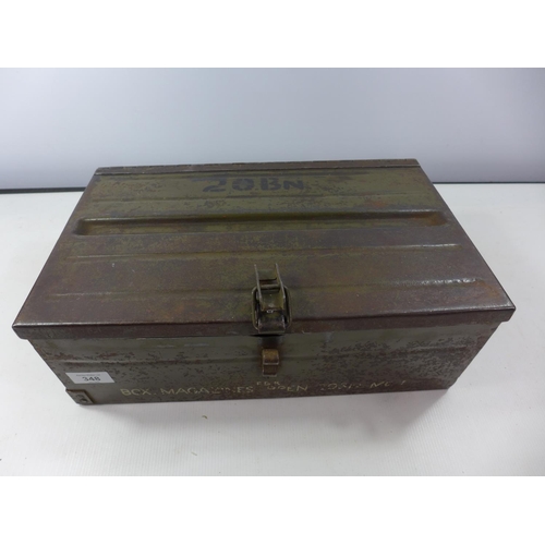 348 - A GREEN PAINTED BREN GUN MAGAZINE BOX WITH TWELVE MAGAZINES