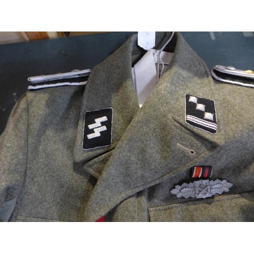 350 - A GOOD QUALITY REPLICA NAZI GERMANY SS UNIFORM SIZE LARGE COMPRISING JACKET WITH ASSORTED BRAVERY AW... 