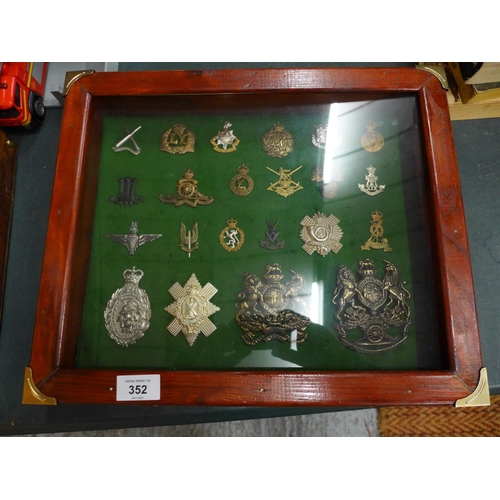 352 - A GLAZED DISPLAY CASE CONTAINING TWENTY TWO BRITISH ARMY CAP BADGES, 34 CM X 41 CM